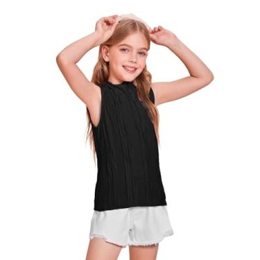 Imagem de Camisetas femininas texturizadas de gola redonda infantil fashion verão sem mangas 5-14 anos, Preto, 13-14 Anos