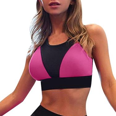 Imagem de Sutiã feminino de treino slim fit, gola redonda, cropped com costas nadador básica, camisa de corrida de verão, Rosa choque, G
