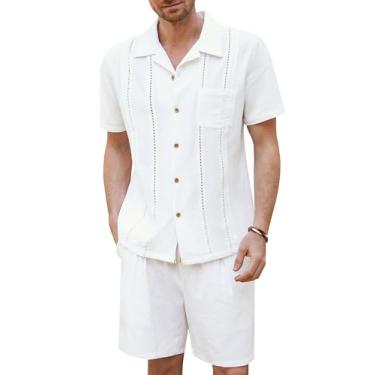 Imagem de GRACE KARIN Conjunto de camisa masculina casual Guayabera de algodão e linho de manga curta com botões e shorts, Branco, M