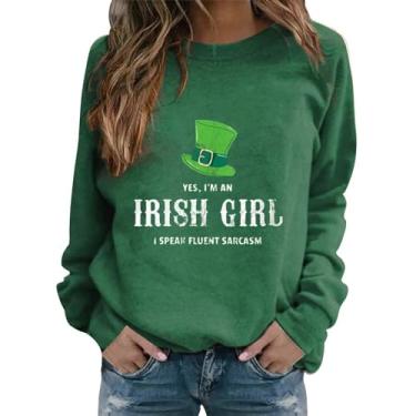Imagem de Camiseta feminina do Dia de São Patrício de manga comprida verde Lucky Shamrock Lucky Irish Blessed, Branco, M