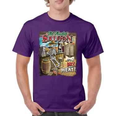 Imagem de Camiseta masculina Hot Headed Saloon But its a Dry Heat Funny Skeleton Biker Beer Drinking Cowboy Skull Southwest, Roxa, G