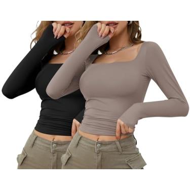 Imagem de VVK Camisetas femininas de manga comprida primavera 2024 camisetas básicas modernas sexy com forro duplo Y2K, 2 - preto + sicômoro bronze, P