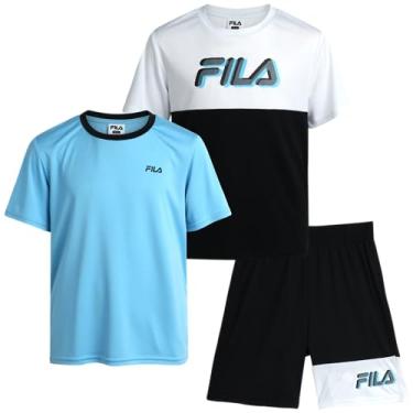 Imagem de Fila Conjunto de shorts para meninos - camiseta ativa de 3 peças e fotos de malha de desempenho - Conjunto de roupa de verão para meninos (4-12), Preto/branco/azul, 5-6