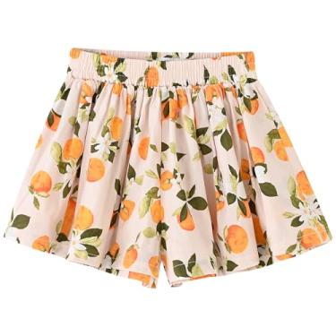 Imagem de Short feminino floral plissado tipo saia saia larga saia rodada roupas de verão para crianças 2-9 anos, Flor de laranja, 8-9 Years