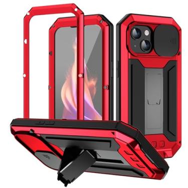 Imagem de ANROD Capa para iPhone 15 Plus, à prova de choque, capa rígida de alumínio, metal, gorila, vidro, militar, resistente, capa protetora para iPhone 15 Plus, com capa de proteção de lente (vermelha)