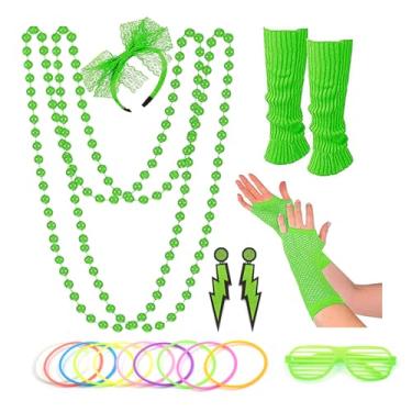 Imagem de RonFoxi Conjunto de acessórios de fantasia dos anos 80 para festa feminina, conjunto de acessórios de fantasia dos anos 80, camiseta, saia tutu etc, Verde neon, One Size