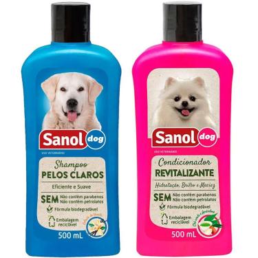 Imagem de Kit banho para cachorro: Shampoo cães Pelos Claros e Condicionador Revitalizante cães Sanol