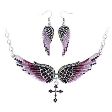Imagem de Szxc Jewelry Colar feminino com pingente de cruz com asas de anjo da guarda 45,7 cm + 5 cm, Cristal Metal, Cristal