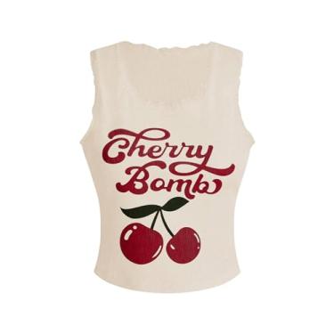Imagem de Verdusa Camiseta regata feminina Y2K sem manga gola redonda com estampa de letras cereja, Bege, PP