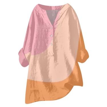 Imagem de Camiseta feminina de algodão e linho, gola V, botão, manga comprida, grande, tops casuais colorblock, Ouro rosa, 4G