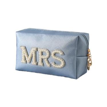 Imagem de owiter Mrs Cosmetic Bolsa grande - Remendo branco Varsity Letter MRS Higiene Pessoal Big Bag Pérola Strass Letras Remendos Grande Maquiagem Bolsa PU CB002, Azul, Casamento