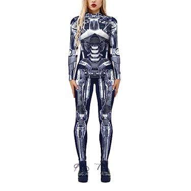 Imagem de Women Tight Cosplay Jumpsuit One Piece Skull Jumpsuit High Neck Halloween Jumpsuit Print 3D Bodysuit Funny Long Sleeve Catsuit Stretch Digital Bodysuit S