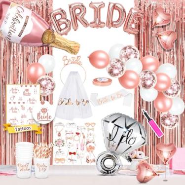 Imagem de MOVINPE Decorações de despedida de solteira, faixa de noiva para ser, véu, tiara, adereços de cabine de fotos, cortinas de alumínio, balão de anel de champanhe, copos, canudos, tatuagens, artigos de decoração de festa de chá de noiva em ouro rosa