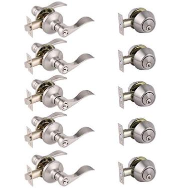 Imagem de Gobrico Fechadura de porta de entrada de níquel acetinado com fechadura (fechadura de cilindro duplo, com chave em ambos os lados) - pacote com 5