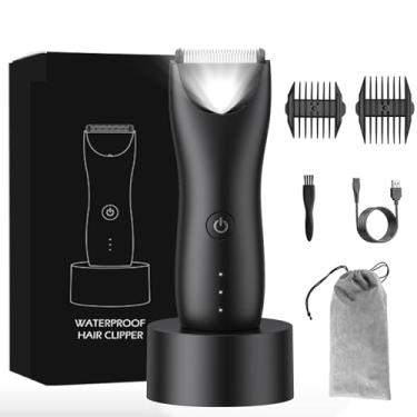 Imagem de Tileon Aparador de pelos corporais elétrico/virilha/pubiano para homens, com proteção de segurança, IPX-7 à prova d'água com luz, base de recarga