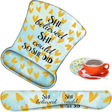 Imagem de Mouse pad ergonômico, almofada de descanso de pulso para mouse + almofada de descanso de pulso para teclado + porta-copos feito de espuma de memória, fácil de usar e aliviar a dor no pulso,