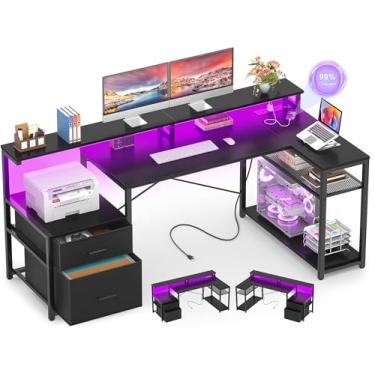 Imagem de Aheaplus Mesa em forma de L com gaveta de arquivo, mesa de computador reversível em forma de L, mesa de jogos com tomada elétrica e faixa de LED, mesa de escritório em casa com prateleira de monitor,