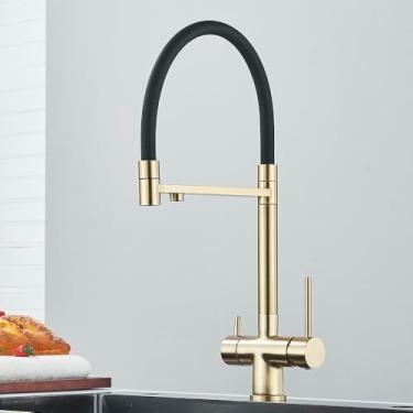 Imagem de Torneira de cozinha com filtro de água cinza, torneira de misturador quente e fria montada no deck, rotação de 360 graus, ouro escovado