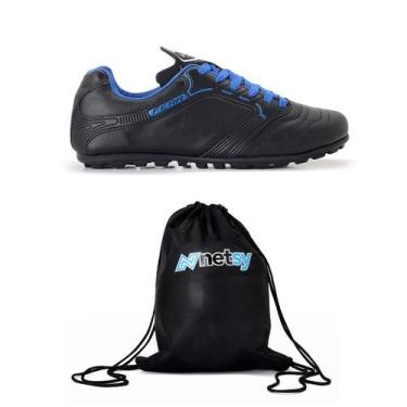 Imagem de Chuteira Couro Legitimo Preto Azul Royal Society Sola Borracha Colada 