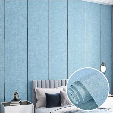 Imagem de Papel de parede descascado e colado, papel de contato de linho autoadesivo e removível, pano de fundo estofado de 6 mm para decoração de sala de estar de quarto, azul, rolo de 0,65 x 2,8 m-5