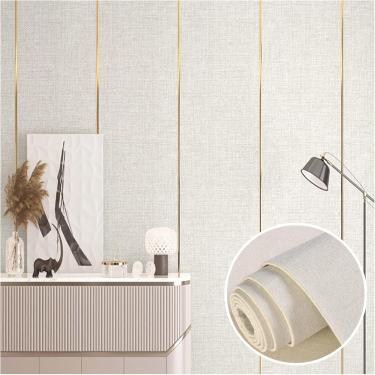 Imagem de Papel de parede descascado e colado, papel de contato de linho autoadesivo e removível, pano de fundo estofado de 6 mm para decoração de sala de estar de quarto, bege, rolo de 0,65 x 2,8 m-3