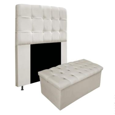 Imagem de Kit Cabeceira Estofada Mel Cama Box Solteiro 90 cm mais Calçadeira Baú Mel com Capitonê Suede Bege para Quarto - AM Decor