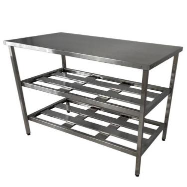 Imagem de Mesa Aço Inox Profissional 120x70x90cm com 2 Prateleiras Fenestradas N