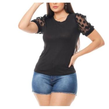 Imagem de Blusa canelada gola rasa manga curta em tule princesa feminina elegant