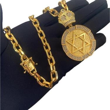 Imagem de Cordão Cadeado 8Mm + Pingente Estrela De Davi Banhado A Ouro - Tojoia1