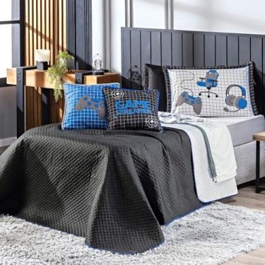 Imagem de Kit Cobre Leito Colcha SOLTEIRO 05 Peças Game Streamer Dupla Face com Almofadas Estampadas - Jogo Conjunto Decoração Roupa de Cama Infantil Juvenil Gamer (Azul)