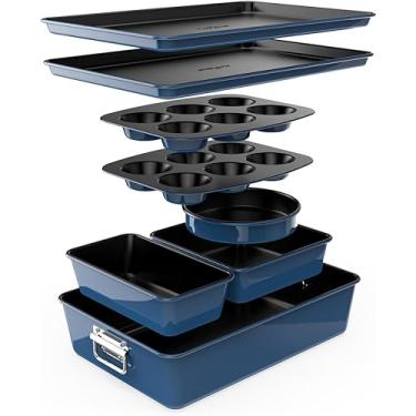 Imagem de NutriChef 8-Piece Nonstick Stackable Bakeware Set - PFOA, PFOS, PTFE Free Baking Tray Set w/Non-Stick Coating, 450°F Oven Safe, Round Cake, Loaf, Muffin, Wide/Square Pans, Cookie Sheet (Blue)