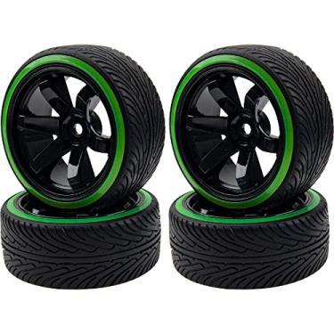 Imagem de HIRCQOO 1/10 RC Drift Car Tires 12mm Hex Hub Wheel Rims & Hard Plastic Tyre 6 Spoke Compatible with Traxxas HSP Tamiya Kyosho HPI Redcat 1/10 On-Road RC Drift Drifting Car (Green)