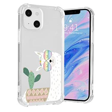 Imagem de Linda capa para celular com estampa de alpaca para iPhone 13 Mini, design de suculentas de desenho feminino, ultrafina, macia, transparente, antiqueda, à prova de choque, com 4 capas de proteção de almofada de ar