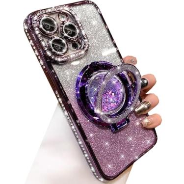 Imagem de Changjia Capa com suporte de glitter para iPhone 13 Pro Max, luxuosa, brilhante, diamante, strass, com protetor de câmera, anel de fluxo líquido, suporte de TPU (poliuretano termoplástico), capa