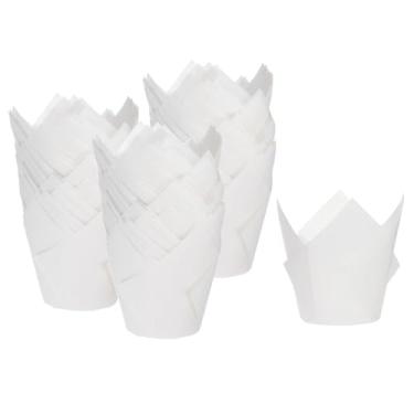 Imagem de HARFINGTON 150 peças de forros de cupcake de tulipa copos de papel padrão para assar embalagens à prova de gordura descartáveis para banquetes de aniversário, festa branca