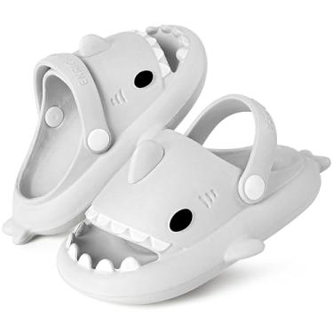 Imagem de Chinelos infantis de tubarão deslizantes para meninos e meninas, crianças, crianças, nuvens, sandálias de bico aberto, sola grossa acolchoada, sapatos de piscina, Alça cinza claro, 19-20
