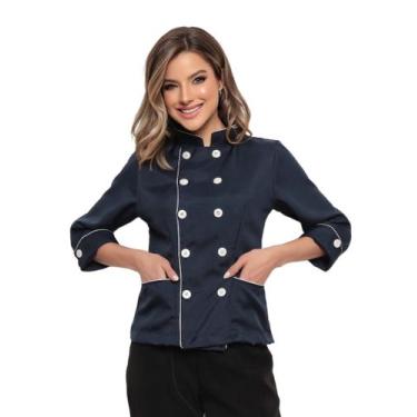 Imagem de Dolma Chef Feminina Manga 3/4 Ivy Azul Marinho Oxford - Gardenia Jalec
