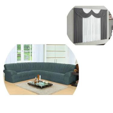 Imagem de Kit Capa Sofá De Canto De Até 5/6 Lugares + Cortina 02 Metros Cinza - 