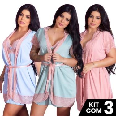 Imagem de Kit 3 Robes  Renda Luxo  Feminino Noiva Sexy Roupão de Banho Kimono Ro