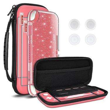 Imagem de DLseego Estojo de transporte para Nintendo Switch Lite, estojo de transporte portátil de design mais recente 4 em 1 kit de acessórios com 1 capa com glitter, 2 protetores de tela e 4 tampas de aperto de polegar – Rosa