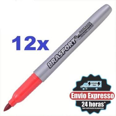 Imagem de Kit 12 Canetas Marcador Permanente Vermelha Ponta Fina Seca Rapido - B