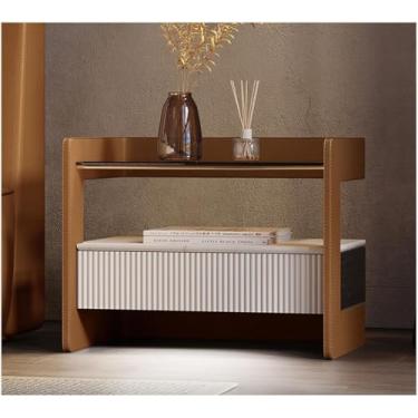 Imagem de Mesa de cabeceira moderna com sensor de luz inteligente e gaveta de madeira mesa de cabeceira de vidro minimalista mesa lateral lateral de couro armário de cabeceira para quarto, marrom, 50 x 37 x 48