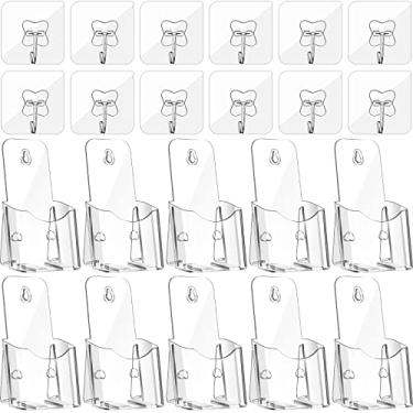 Imagem de Suporte de folheto de 10 peças Suporte de folheto acrílico Suporte de exibição de panfleto transparente Porta-panfletos acrílicos Porta-panfletos de plástico dobrável com 12 peças de ganchos autoadesivos para menu de folheto de revistas
