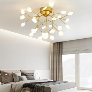 Imagem de KUGGKKTP Lustre Sputnik moderno dourado 27 luzes Firfly luminária pendente de altura ajustável cúpula de acrílico luminária de teto para sala de jantar
