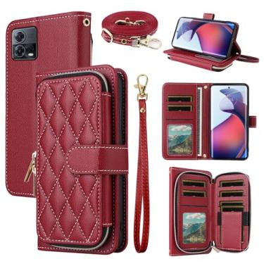 Imagem de Dswteny Argyle Capa carteira para Motorola Edge 30 Fusion/Moto S30 Pro 5G com alça de pulso, alça de ombro, zíper de couro PU, flip com suporte para cartão de crédito, capa para celular para mulheres
