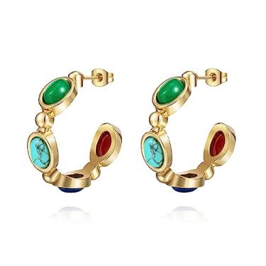 Imagem de Brincos femininos banhados a ouro turquesa, argolas leves de aço inoxidável com várias pedras preciosas, joias pequenas Boho hipoalergênicas para meninas na moda, Aço inoxidável, Lápis-lazúli Turquesa Ágata