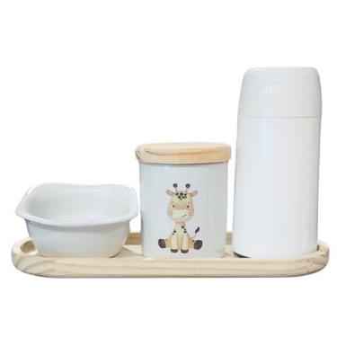 Imagem de Kit higiene bebê 4 pçs Safari - Bdj Oval Tp pinus + Garrafa - Genérico