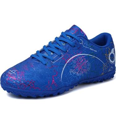 Imagem de DISRATEBLU Sapatos de futebol para crianças, meninos, meninas, tênis de treinamento de futebol juvenil, terreno firme, grama atlética, uso ao ar livre, tênis de futebol profissional, Azul, 18