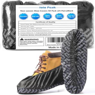 Imagem de ioiopeak Capas de sapato descartáveis pacote com 50 (25 pares) - duráveis, antiderrapantes, resistentes à água e recicláveis para uso interno e externo - tamanho único (não tecido-preto)