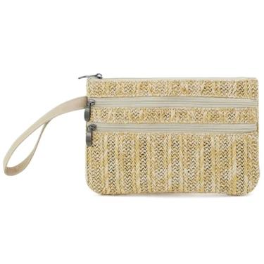 Imagem de BBORGDC Bolsa clutch com zíper com alça destacável, pequena bolsa transversal de tecido e bolsa de pulso, bolsa de palha trançada compacta para itens essenciais do dia a dia, férias na praia e